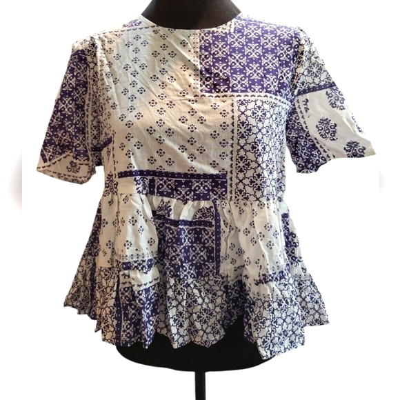 Women's Blue and White Patterned Top Med - Picture 1 of 12